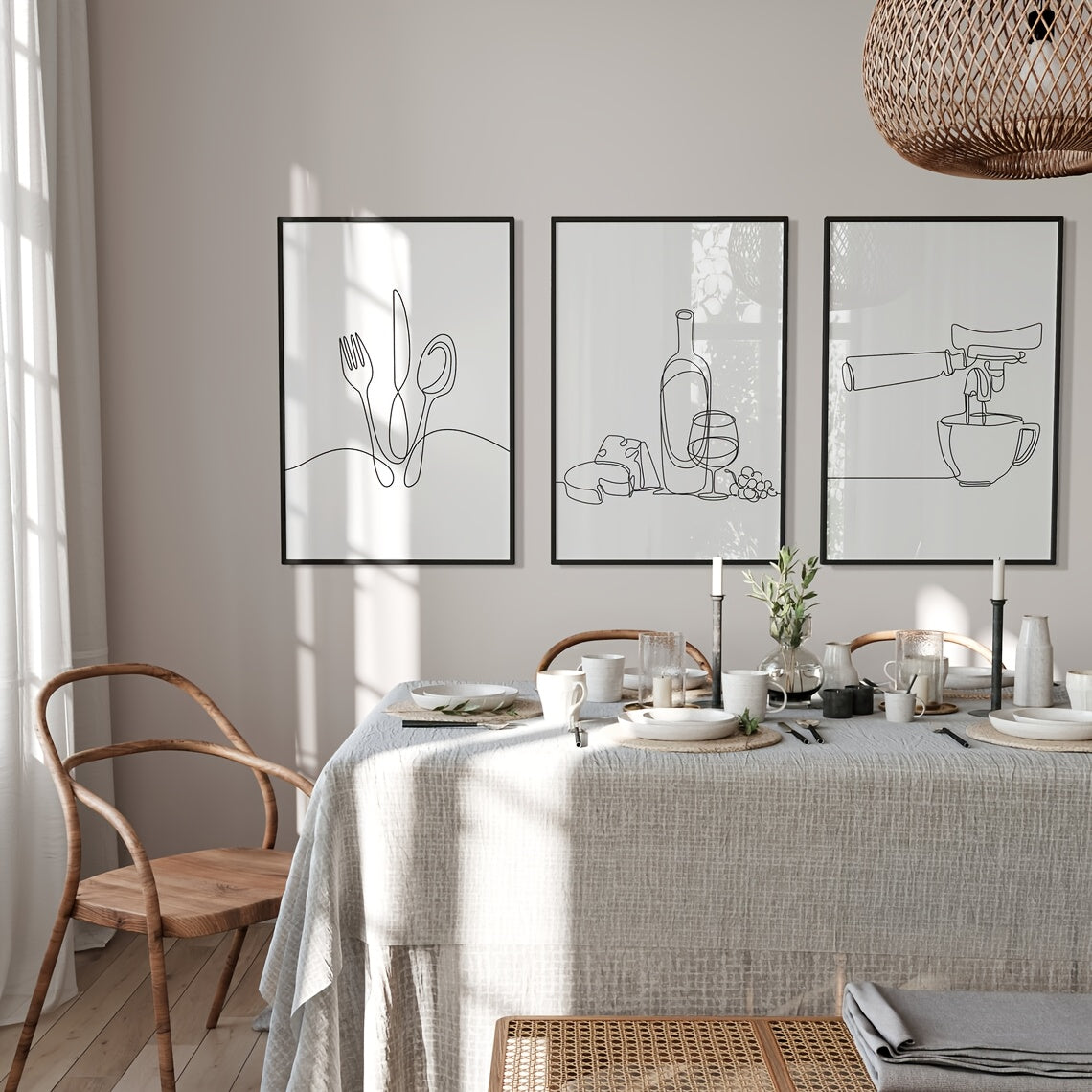3-Pack Kökskonst – Bestick, Ost & Kaffe i minimalistisk linjekonst