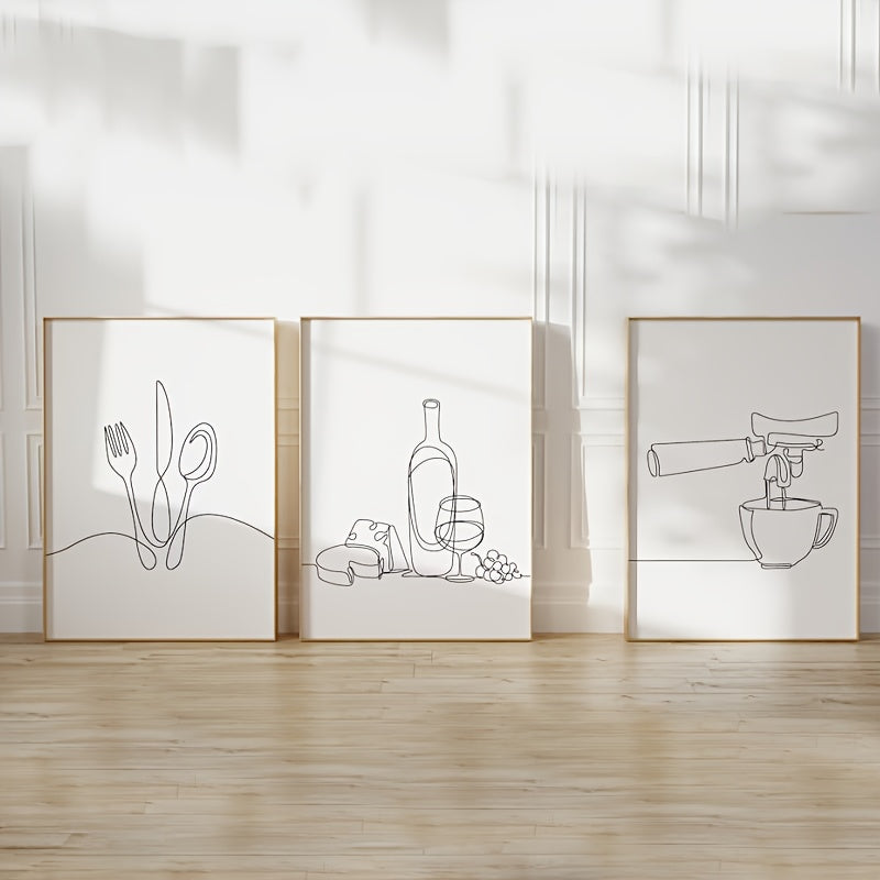 3-Pack Kökskonst – Bestick, Ost & Kaffe i minimalistisk linjekonst