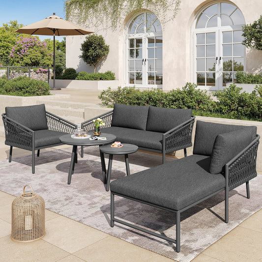 Modern trädgårdsgrupp i stål och rep