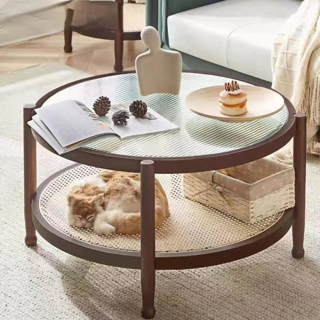 Runt Rottingbord med Glasskiva i Massivträ