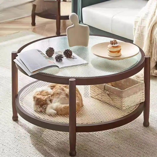 Runt Rottingbord med Glasskiva i Massivträ