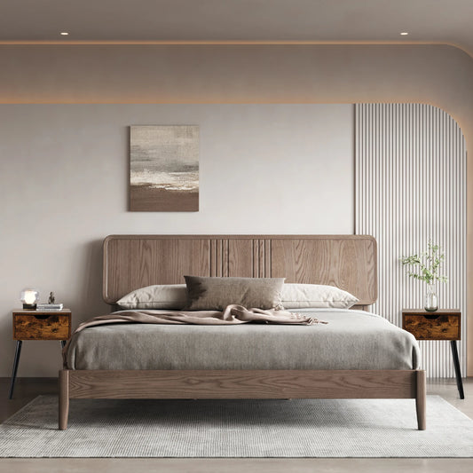 Sängbord i retrobrun med svartlackerade ben