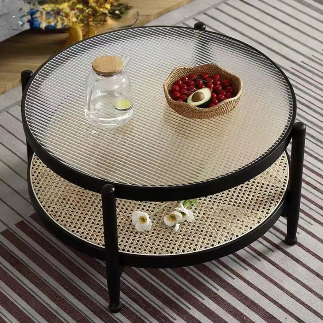 Runt Rottingbord med Glasskiva i Massivträ