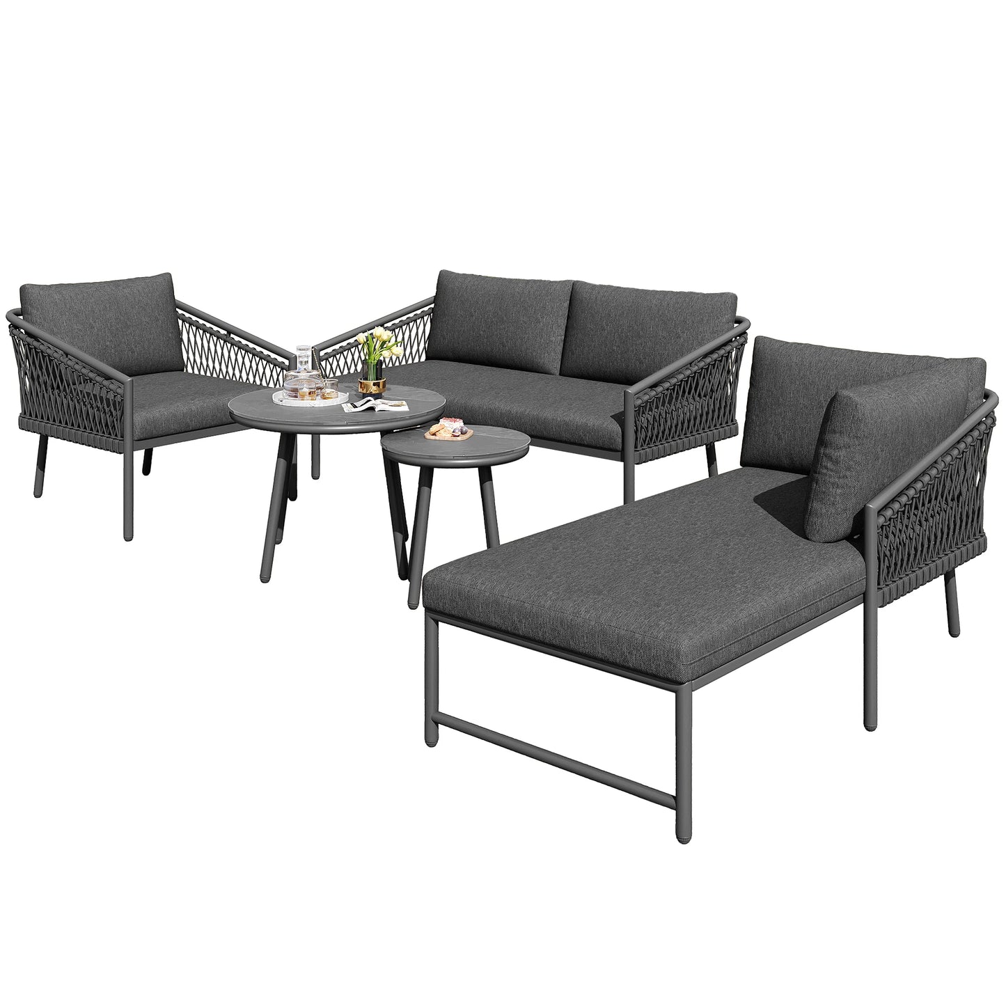 Modern trädgårdsgrupp i stål och rep