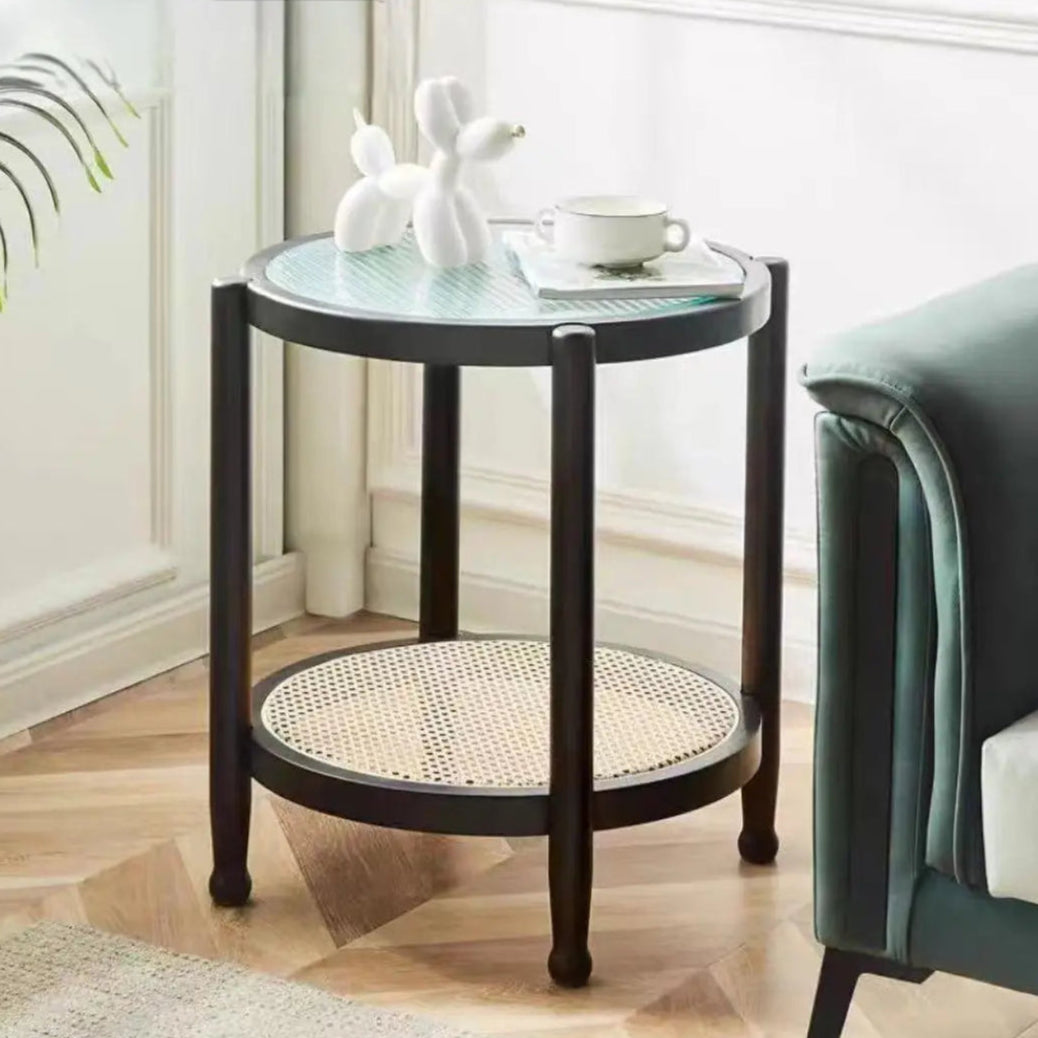 Runt Rottingbord med Glasskiva i Massivträ