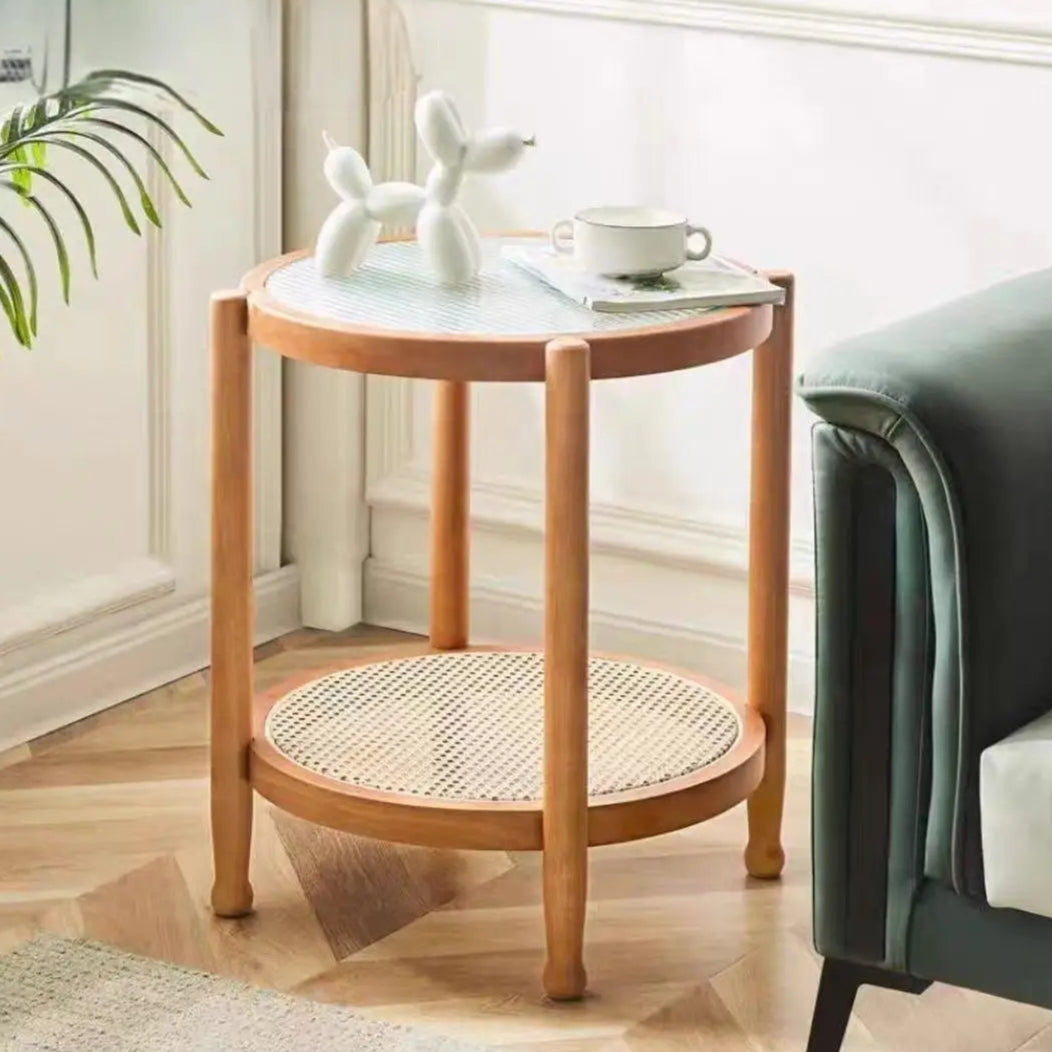 Runt Rottingbord med Glasskiva i Massivträ