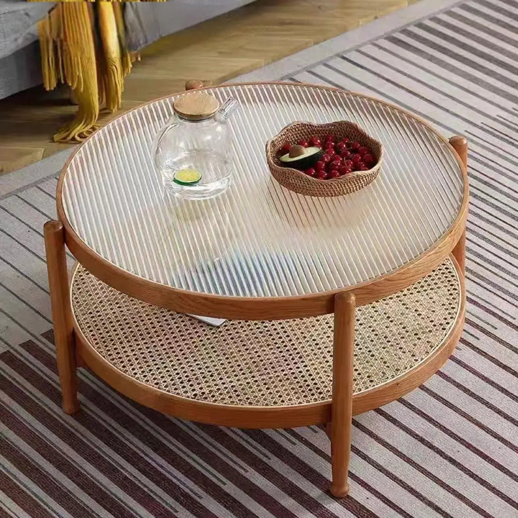 Runt Rottingbord med Glasskiva i Massivträ