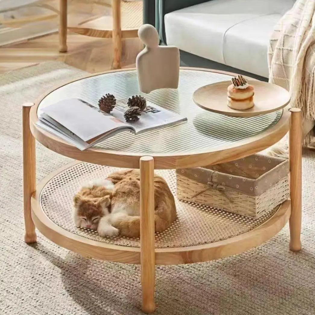 Runt Rottingbord med Glasskiva i Massivträ