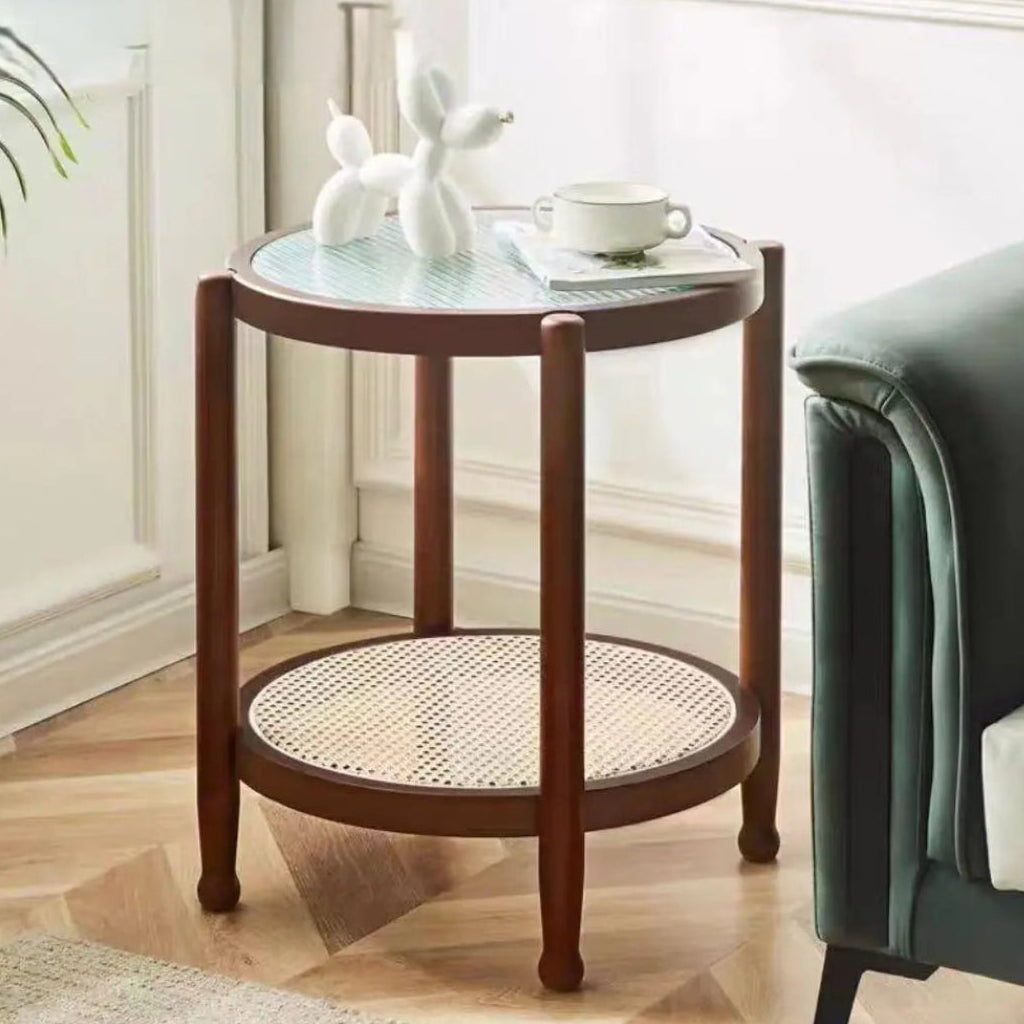 Runt Rottingbord med Glasskiva i Massivträ