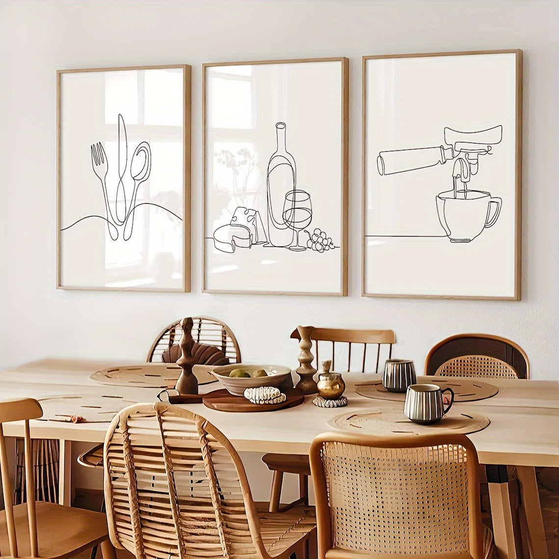 3-Pack Kökskonst – Bestick, Ost & Kaffe i minimalistisk linjekonst